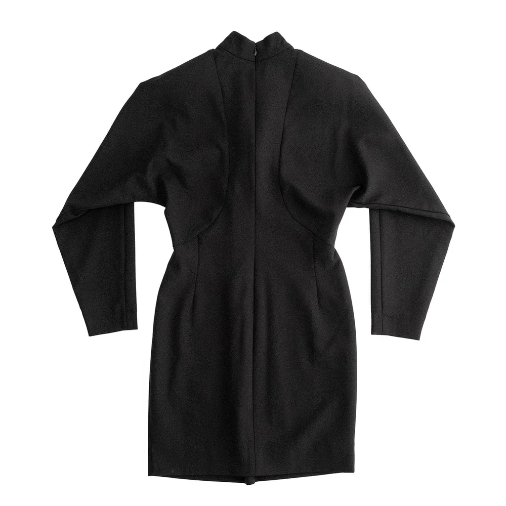 Nicole Miller Black Puff Sleeve Button Dress Mock Neck Women's $395 - Size 10 - Picture 9 of 14
